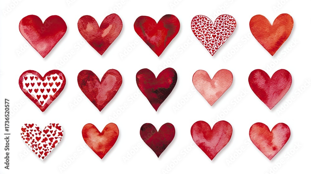 Fototapeta premium Collection of watercolor red hearts with different textures and patterns for love and Valentine design