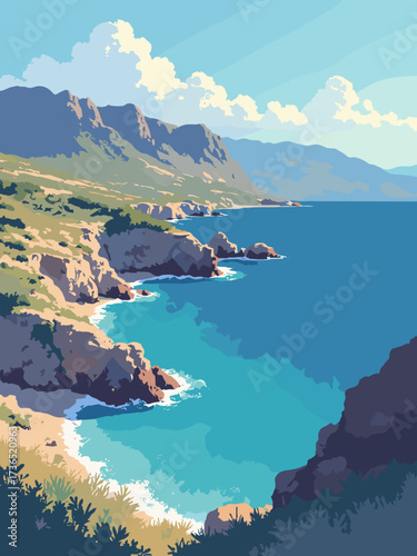 Crete Coast, Greece – rugged mountains tumbling to rocky bays and bright blue seas, no people