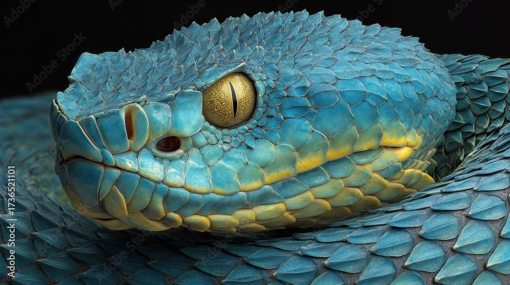 Fototapeta premium A blue snake is coiled up showcasing its textured scales and striking yellow underbelly. The soft lighting highlights its bright eyes and calm demeanor creating an inviting scene.