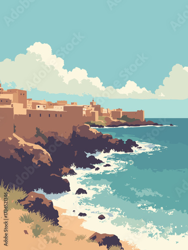 Essaouira, Morocco – fortified walls overlooking rocky coastline and Atlantic breakers, no people