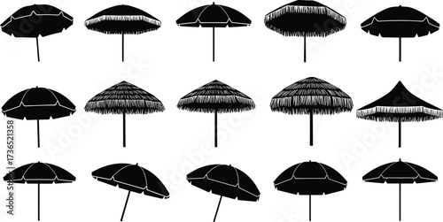 Beach umbrella silhouettes, summer shade, parasol illustration, tropical design, sun shelter, outdoor relaxation, seaside accessory, vacation element, canopy shapes, holiday symbol