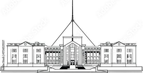 Australian Parliament House Vector Featuring Classical Columns, Flagpole, and Symmetrical Facade in Black Line Art