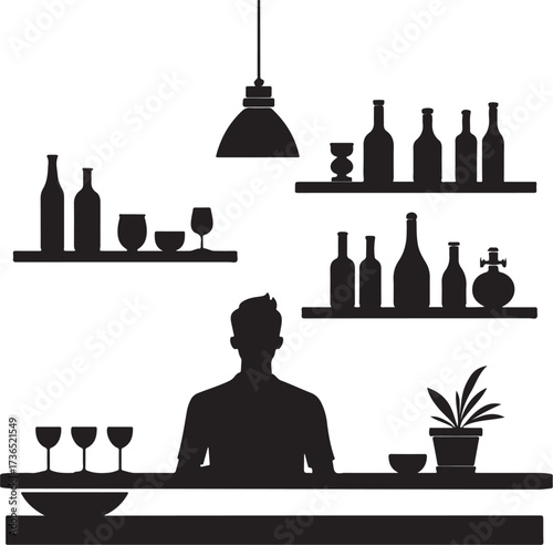 Silhouette bar scene with bartender bottles and glasses 1