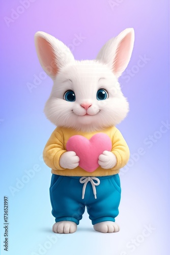 A fluffy white bunny with bright blue eyes and a sweet smile, dressed in a yellow sweater and blue pants, holds a pink heart, radiating love and joy.