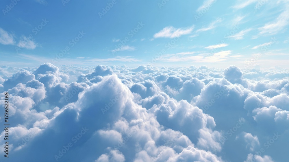 Fototapeta premium Soft fluffy clouds fill the sky creating a serene atmosphere. The sun shines brightly illuminating the clouds while the blue sky stretches endlessly above evoking a sense of calm.