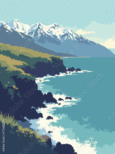 Kaikoura Coast, New Zealand – rugged shoreline with snowcapped mountains dropping to the Pacific, no people