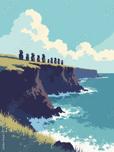 Easter Island Coast, Chile – volcanic cliffs with moai statues overlooking the Pacific, no people