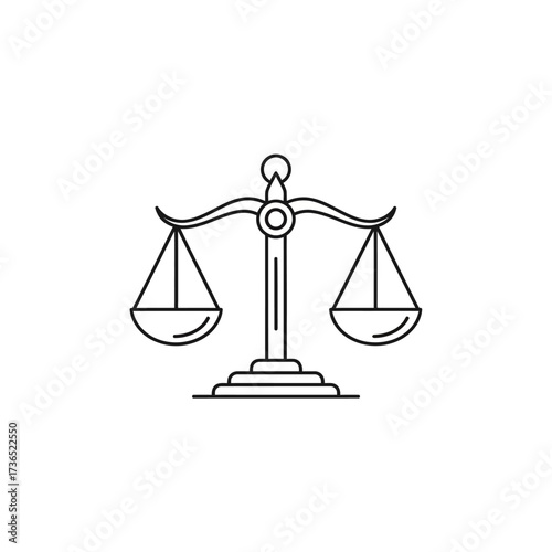 Line art illustration of a balanced scales of justice, symbolizing fairness, equality, and legal balance.