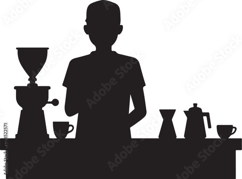 Silhouette of a barista preparing coffee with grinder and cups