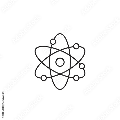 A minimalist line drawing of an atom, depicting a central nucleus with orbiting electrons on elliptical pathways.