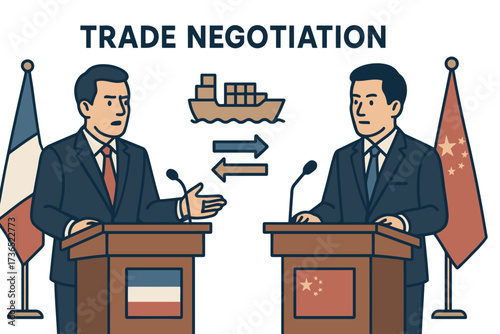 Two businessmen in suits discussing international trade agreements at podiums