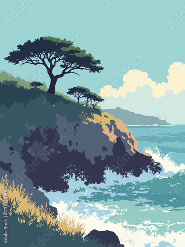 Point Reyes, California, USA – rocky headland with windswept cypress grove and crashing waves, no people