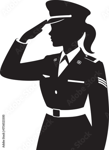 Female soldier saluting honorably in silhouette art