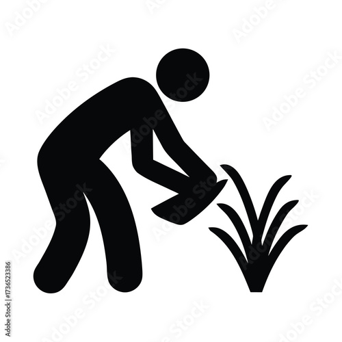 Simple silhouette icon of a person tending to plants or grass with their hands