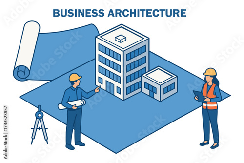 Business architecture concept with architects planning building design on blueprint
