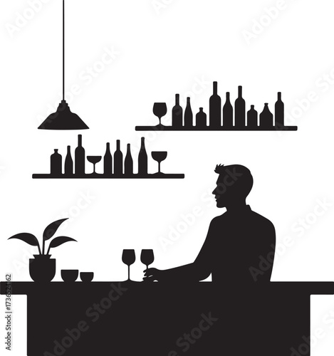Silhouette man at bar with bottles and glasses counter
