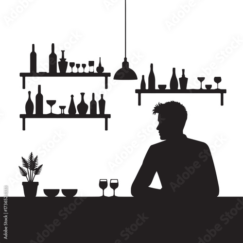 Silhouette man at bar with bottles and glasses counter