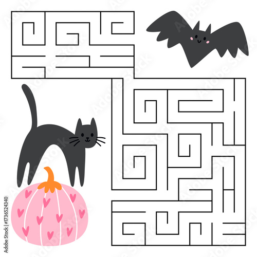 Halloween maze game for kids. Cute cat on a pumpkin looking for a way to the bat. Printable worksheet with solution for school and preschool. Vector cartoon illustration.