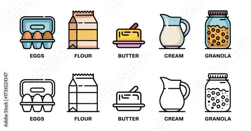 pantry ingredients icon set with eggs, flour, butter, cream and granola symbols, vector illustrations for baking staples and cooking essentials