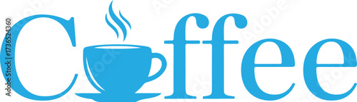 A creative blue logotype for the word coffee, where the letter 'o' is cleverly replaced by a steaming hot beverage cup. Vector illustration for a cafe or coffee shop menu design