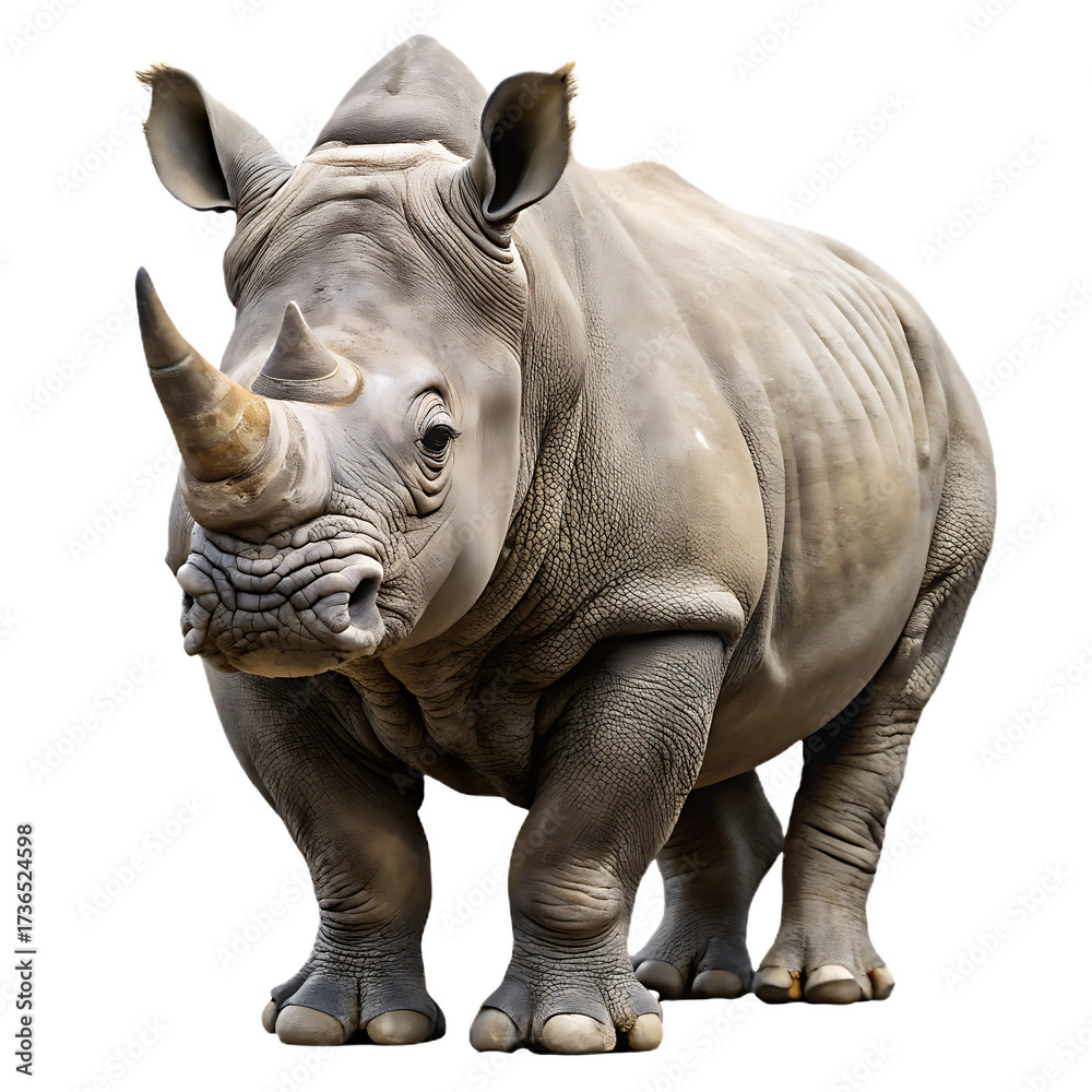 Fototapeta premium White rhinoceros, standing full body, cutout, PNG isolated on white or transparent background