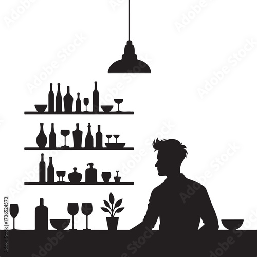 Silhouette man at bar with bottles and glasses on shelves