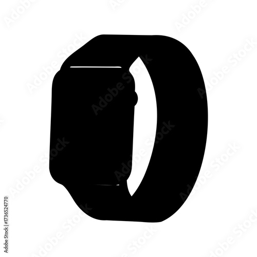Black silhouette rendering of a modern smartwatch with wristband on white backdrop