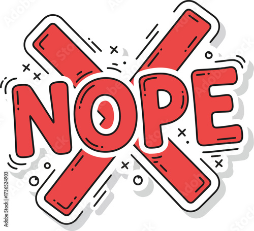 Retro Comic Pop Art Style Expression Sticker with Red 'NOPE' Text and Crossed-Out Design in Speech Bubble Vector