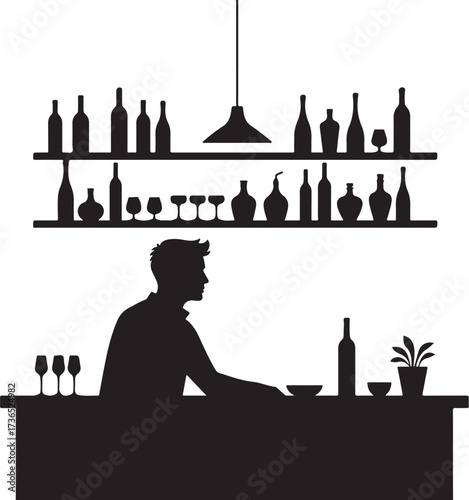 Silhouette man at bar with bottles and glasses on shelves