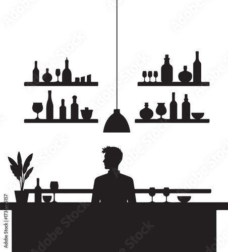 Silhouette man at bar with bottles and glasses on shelves