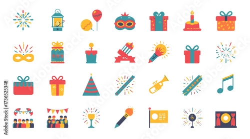 A vibrant collection of flat design icons representing various party and celebration elements like gifts, fireworks, masks, and music.