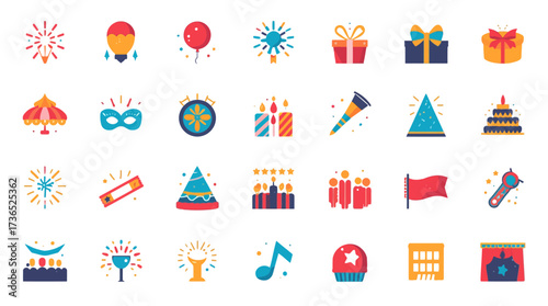 A vibrant collection of colorful flat design icons representing various elements of parties, holidays, and celebrations.