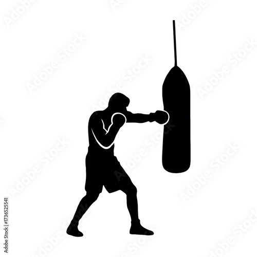 Vector art of boxer punching a punching bag in black silhouette