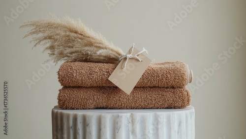Stacked plush towels w/ grass, tag on marble stand, neutral