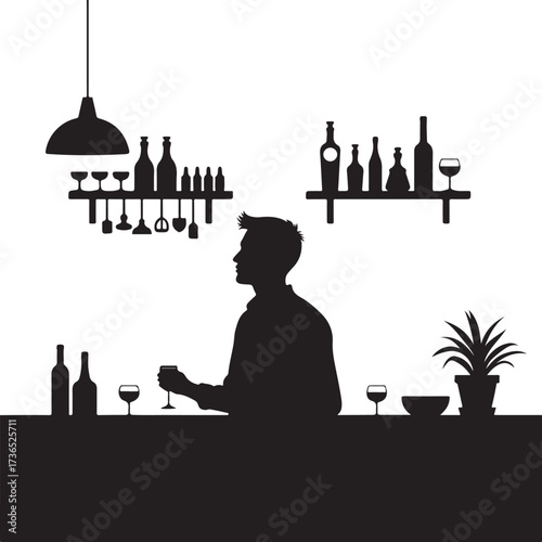 Silhouette man at bar with wine bottles and glasses