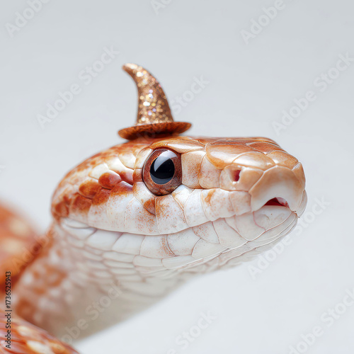 Corn Snake Wearing Witch Hat – Halloween-Themed Reptile Portrait on White