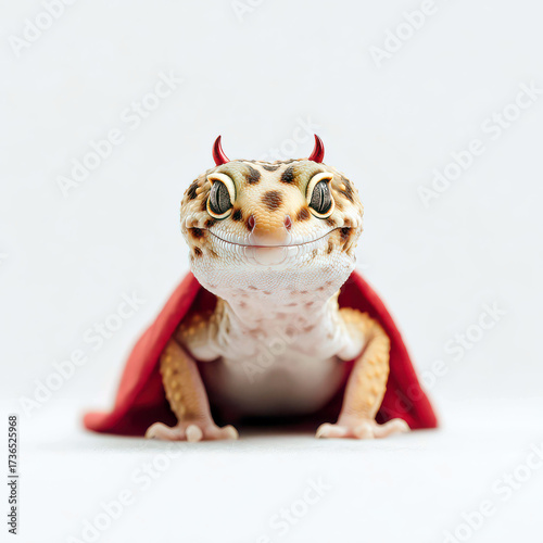 Cute Leopard Gecko in Red Devil Cape – Halloween Pet Portrait with Personality