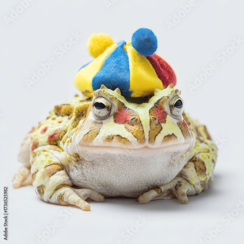 Pacman Frog Wearing Jester Hat – Funny Halloween Amphibian Portrait