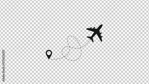 Generate a minimalist vector graphic in a clean, flat design style, featuring a stark black airplane silhouette positioned at the upper right corner, angled as if in flight. A dashed black line, repre