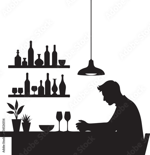 Silhouette man sitting at bar with bottles and glasses