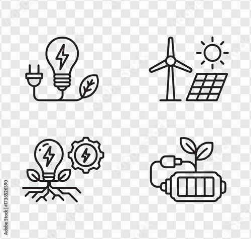 Renewable energy resources and green energy concept illustrated with line icons