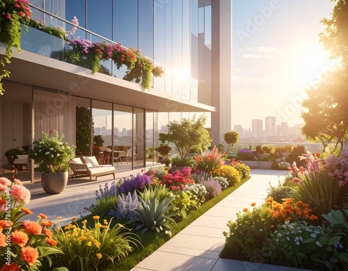 High story glass with beautiful courtyard with plants, flowers, people walking