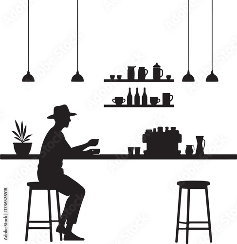 Silhouette man sitting at cafe counter with coffee machine and plants