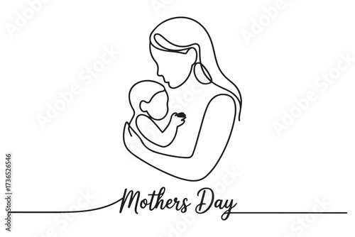 Mother and baby line art vector illustration, mothers day celebration. one line Icon drawing with white background