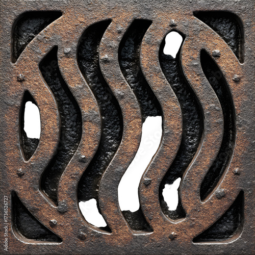 Rusty metal drain cover detail isolated on transparent background