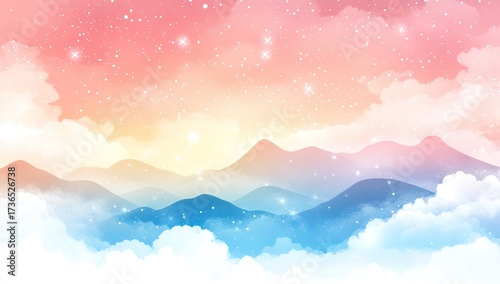 Watercolor landscape pastel sky, starry hills, soft clouds