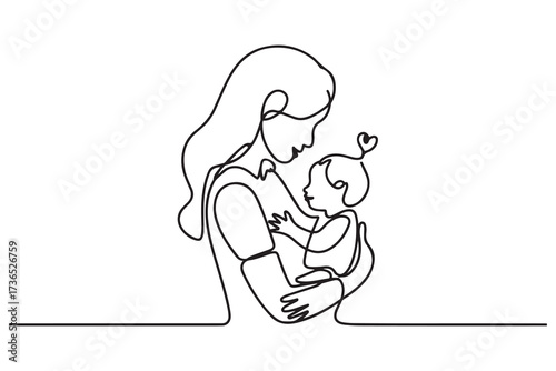 Mother and baby line art vector illustration, mothers day celebration. one line Icon drawing with white background