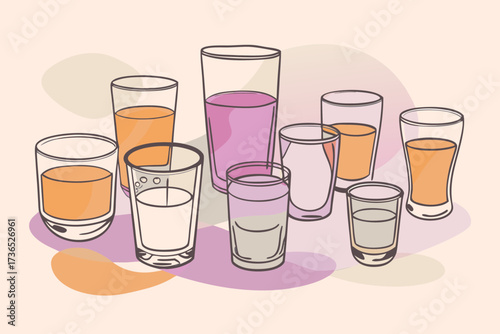 Collection of assorted glasses filled with colorful liquids on a light background drink beverage