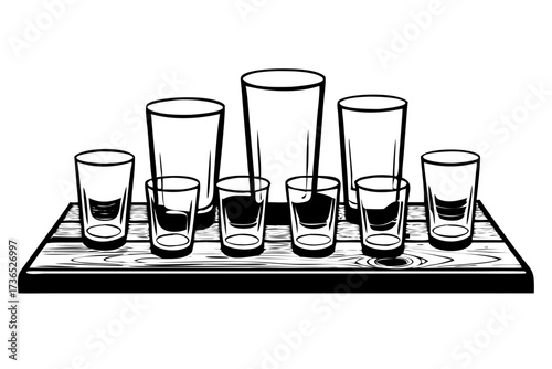 Collection of six transparent water and juice glasses with clear liquid drink