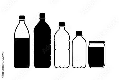Collection of transparent glass water bottles with different shapes and sizes on a white background glass bottle